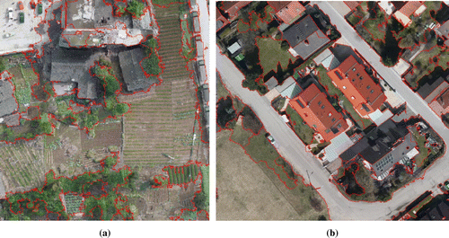 Figure 11. The distinguished area of grassy land and buildings in the segmentation results. (a) The distinguished area one in Munich. (Source: Li, Tang et al. Citation2015) (b) The distinguished area two in Ya’an. (Source: Koch et al. Citation2016)