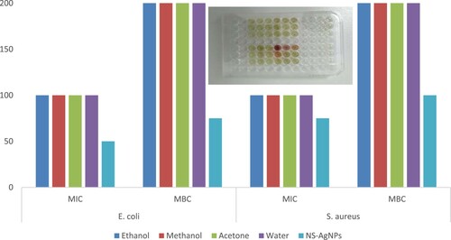 Figure 9. MIC assay of NS-AgNPs, against S. aureus (A, B, C) and E. coli (E, F, G) with various concentrations and brick colour represents as bacterial growth inhibition. The insert in the bar-chart is an image of a 96-well MIC plate.