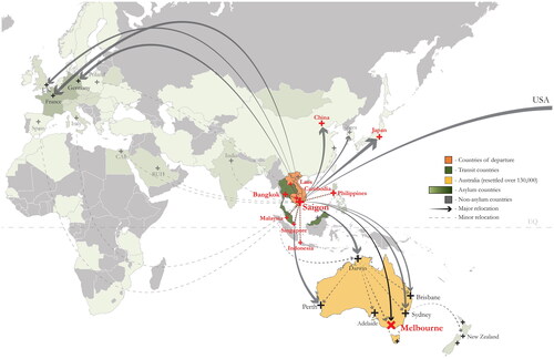 Figure 3. Global map, Southeast Asian refugee movements. Map by authors.