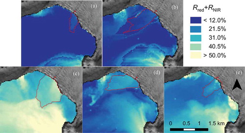 Figure 3. The five Landsat-8 red + NIR surface reflectance images used from Tunabreen (location map, Figure 1(a)), spanning the summer 2015 melt season, showing the subglacial plume discharge location (red triangle), and subglacial sediment plume boundaries (solid red line). These five images from days 187 (a), 190 (b), 213 (c), 226 (d), and 229 (e) are collected between 3 and 23 days apart and highlight the dynamic nature of sediment plumes.