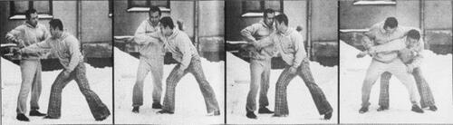 Figure 4. ‘Makoto Sako [sic] attacks with a commando knife – Professor Nobuhiro Sato makes a lightning-fast sidestep to the left – grabs hold of the knife arm and the head of his opponent – positions a leg in front of him, thereby in a pincer grip’. Photo: Arild Jakobsen, Fædrelandsvennen, February 10, 1979, 21.
