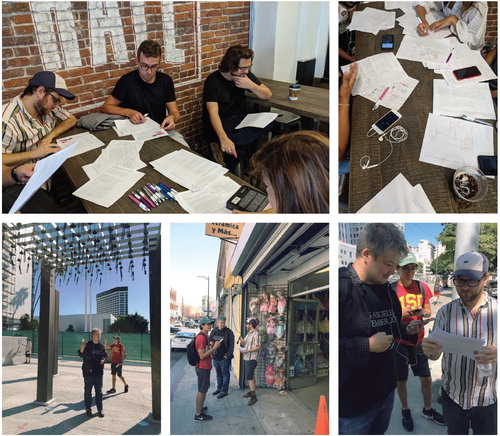 Figure 3. Top row: participants in “LA//London: A Summertime Playlist” preparing for their dérive by making annotations and readying their equipment (photo credit: Andrés Carrasquilllo). Bottom row: a team of scavengers wandering Los Angeles recording sounds led by Ford’s “LOS ANGELES//LONDON” (photo credit: Amy Zhou).