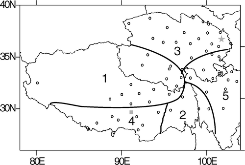 FIGURE 1 Distributions of meteorological stations and typical climate zones in the Qinghai-Tibet Plateau. The star represents Xining (52866; capital of Qinghai Province) and the square represents Lhasa (55591; capital of Tibet Autonomous Region).