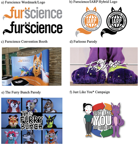 Figure 1. Furscience branding projects 1a: furscience wordmark/logo. 1b: furscience/IARP hybrid logo 1c: furscience convention booth 1d: furloose parody 1e: the furry bunch parody 1f: just like you*