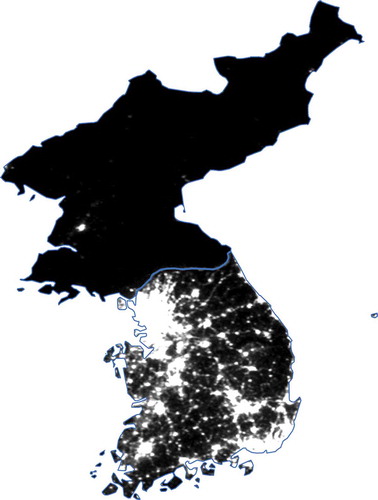 Figure 9. North Korea /South Korea difference in emitted night-time light as detected by DMSP OLS for the year 2012. North Korea shows the highest value among 200 countries considered in this study.