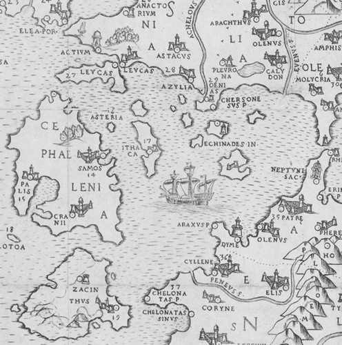 Figure 11 Detail from Nikolaos Sophianos,Totius Graeciae Descriptio (Rome, Antonio Blado, 1552). Bottom left is the island of Zante (Zacinthus) with the corrected western coastline; note how the stippling of the sea still appears within the outline of the island. Top left, at Actium, is the temple of the Actian Apollo and the burning altar commemorating Octavian's victory over Marc Anthony's and Cleopatra's armies, in 31 BC, that led to the end of ancient Greek political history. Centre right is the temple to Neptune at Rhion. (Reproduced with permission from the British Library, Maps M.T. 6.g.2.(4).)