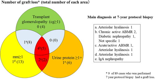 Figure 6. Overlap among graft loss cases with mm ≥ 1, cg ≥ 1, and proteinuria ≥ 1+.