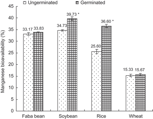 Figure 4. Effect of germination of grains on the bioavailability of manganese. Values are mean ± SD of five replicate determinations.Figura 4. Efecto de la germinación de los granos sobre la biodisponibilidad de manganeso. Los valores son la media ± SD de cinco determinaciones repetidas.