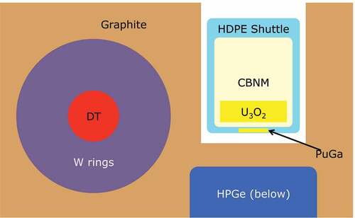 Figure 5. The relative positions of the PUNITA deuterium-tritium neutron generator and detector compared to the vertically transferred CBNM U and PuGa samples. See online version for color.