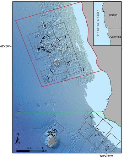 FIGURE 1. The study site showing the Redfish Rocks Marine Reserve boundary in red and the Humbug comparison area in green. Grid cells (dark gray) overlay rock habitat, where fishing was conducted in 2015 and 2016 using both hook-and-line and longline gear. Longline sets are shown as black bars. The bathymetry layer depicting rocky habitat is incomplete in the shallow regions (light blue).