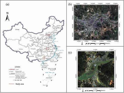Figure 1. Two study areas. (a) The People’s Republic of China map; (b) The Landsat OLI image used in the Wuhan study area. (c) The GF-1 image used in the Wuzhou study area.
