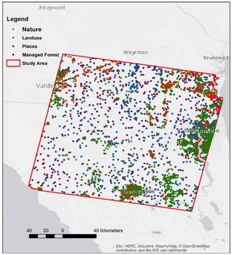 Figure 7. Spatial distribution of training sites over study area. The base map was developed by Esri using HERE data, DeLorme basemap layers, OpenStreetMap contributors, Esri basemap data, and select data from the GIS user community. In North America coverage is provided from Level 14 (1: 36k scale) through Level 16 (1:9k scale). http://goto.arcgisonline.com/maps/World_Light_Gray_Base. This map was created using ArcGIS® software by Esri. ArcGIS® and ArcMap™ are the intellectual property of Esri and are used herein under license. Copyright ©Esri. All rights reserved. For more information about Esri® software, http://www.esri.com
