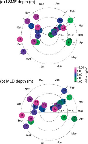 Figure 12. Synthesis of seasonal variability results showing A, LSMF depth and B, mixed layer depth. The realisations are scaled by colour representing the chlorophyll-a and the radial bar reflects the variability in each realisation.