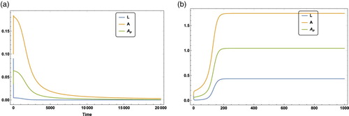 Figure 6. The time series of Model (Equation4(4) L′=γSLmaxaA2b+aA2−βL,A′=βL−dA2,Ap′=βL⋅max{0,∂SL∂ApAc}+(max{0,∂SL∂ApAc}Ac−max{0,∂SL∂AcAp}Ap)L−dAAp.(4) ) when θc=2θm=8 with an initial value (L(0),A(0),Ap(0))=(0.09,0.1,0.035) and other parametric values being b=0.1,d=0.1,α=0.3,β=0.7,γ=0.9, which is the same set of parameters values in Figure 5(a). Figure (a) is the case when a = 0.07 where population goes extinct over time. Figure (b) is the case when a = 0.1 where the colony has a locally asymptotically stable interior equilibrium E2=(0.434,1.743,1.045). (a) Time series of Model (Equation4(4) L′=γSLmaxaA2b+aA2−βL,A′=βL−dA2,Ap′=βL⋅max{0,∂SL∂ApAc}+(max{0,∂SL∂ApAc}Ac−max{0,∂SL∂AcAp}Ap)L−dAAp.(4) ) when θc=2θm when the portion of the division of labour invested on larvae is a = 0.07. (b) The time series of Model (Equation4(4) L′=γSLmaxaA2b+aA2−βL,A′=βL−dA2,Ap′=βL⋅max{0,∂SL∂ApAc}+(max{0,∂SL∂ApAc}Ac−max{0,∂SL∂AcAp}Ap)L−dAAp.(4) ) when θc=2θm when the portion of the division of labour invested on larvae is a = 0.1.