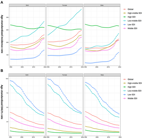 Figure 1 The age-standardized incidence (A) and disability-adjusted life-year (DALY) (B) rates of global appendicitis burden for sexes and socio-demographic index (SDI) quintiles, 1990–2019.