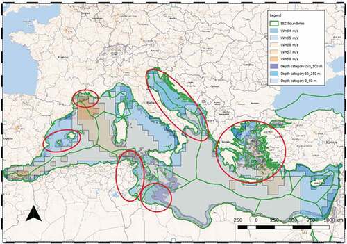 Figure 7. Areas potentially more suitable for offshore wind farms installation