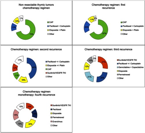 Figure 6 Chemotherapy and other treatments delivered in patients prospectively included in the French RYTHMIC registry.Abbreviations: CAP, Cyclophosphamid-Adriblastin-Cisplatin; TKI, Tyrosin Kinase Inhibitors.