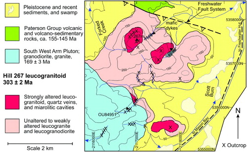 Figure 3. Geological map of the Hill 267 Hydrothermal System (HHS). Strongly altered and mineralised granitoid, which contains miarolitic cavities, caps parts of the ridge between Forked Creek and the Scott Burn.