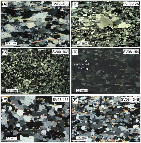 Figure 3. Photomicrographs showing representative microstructures in quartzite from the high-pressure domain preserved in the chlorite-zone of Barrovian sequence (A, B, C) and in the southern, amphibolite-facies portion of the Barrovian sequence (D, E, F). Photomicrographs in A, D, E and F correspond to samples in Figure 5A (EBSD pole figures for quartz c-axis and a-axis).