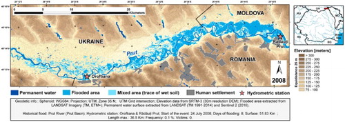 Figure 6. Historical flood on Prut River – 24 July 2008, extracted from Landsat ETM+ scene from 29 July 2008.