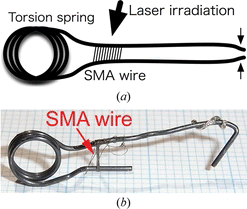 Figure 8 The tweezers design. (a) Schematics. (b) Actual photograph. The overall length is 2 cm.