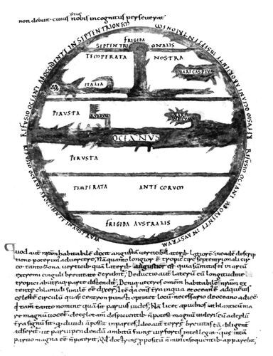 Fig. 3. World map illustrating Macrobius,Commentary on the Dream of Scipio, Book 2.9.7–8, in a tenth‐century manuscript from the abbey of Saint Nazarius at Lorsch, now preserved in Vatican City, the Biblioteca Apostolica Vaticana, MS Palat. lat. 1341, fol. 86v. Appendix 1, no. 4. Compare especially with Figures 5 and 6. (Reproduced with permission from the Biblioteca Apostolica Vaticana.)