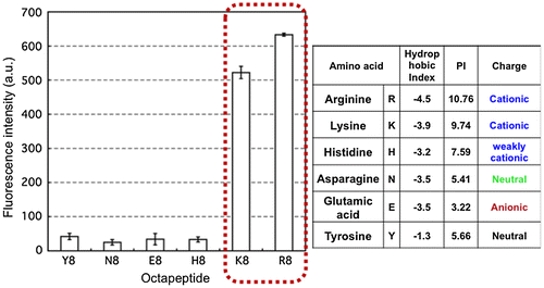 Figure 8. Effect of the chemical structure of octapeptide immobilized on PMBN/PLA/QD nanoparticles on cellular internalization. (Reproduced from [102] with copyright permission, Wiley-VCH)