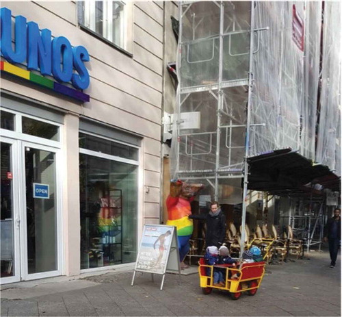 Figure 6. A female child-carer in Schöneberg, showing a rainbow-coloured Berlin bear in front of Germany’s biggest gay store (Sera Turan. Oct. 2018).