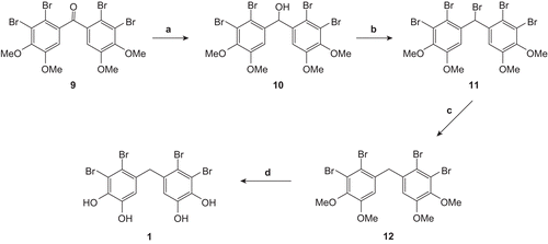 Scheme 2.  Reagents and conditions: (a) NaBH4/THF-MeOH. 0°C -RT. 12 h; then dilute HCl. 93%; (b) PBr3/NEt3. benzene. 0°C -RT. 12 h. 93%; (c) n-Bu3SnH. AIBN/THF. reflux.77%; (d) BBr3/CH2Cl2. 0°C -RT. 24 h; then MeOH. 97%.