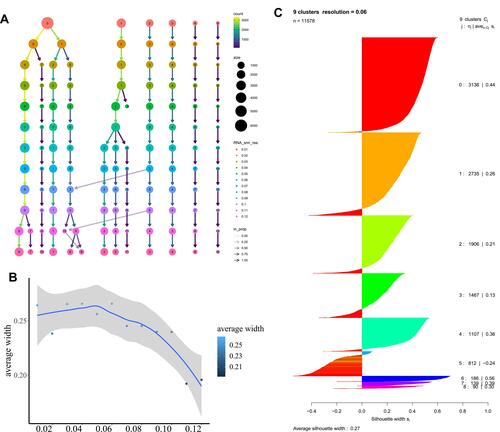 Figure 4 Data clustering, marker gene, and cell-type identification. (A) Sankey diagram at different resolutions. (B) Scatter diagram of contour map at different resolutions. (C) Contour diagram at 0.06 resolution.