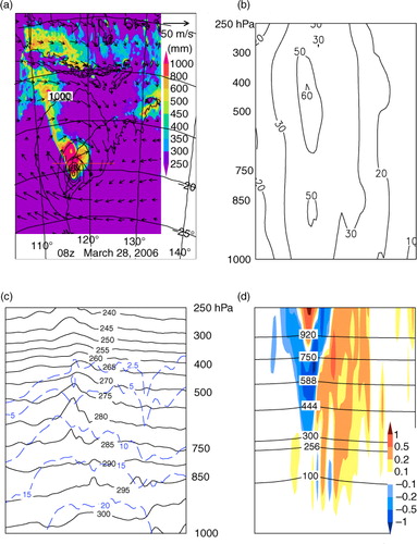 Fig. 6 Same as Fig. 5 but for TC Glenda (at 12z 28 March 2006). Unlike the other three TCs, it has a higher level maximum velocity core at 450 hPa, an indication that it is a re-development of an upper level cyclonic vortex of Larry. A top-down vorticity generation mechanism also accounts for its initial stage intensification, as expected.