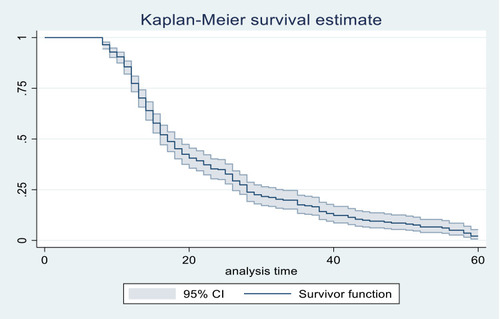Figure 1 Plot of the overall estimate of Kaplan–Meier survivor function of breast cancer patients in Northwest Ethiopia, 2015–2020.