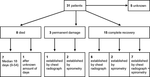 Figure 1. Clinical outcomes classified as died, “permanent damage” or “complete recovery” of 31 patients with ZnCl2 smoke poisoning. Patient numbers are indicated in bold font. Extent of permanent damage was established by imaging (chest radiograph) or functional (spirometry) techniques, or by a combination of both investigations.