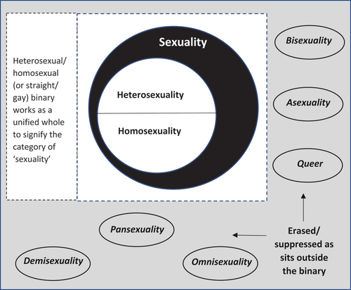 Figure 2. The binary working as a unified whole to erase/suppress categories of sexuality. This figure has been created to illustrate and build on Yoshino’s (Citation2000) conceptualisation of the heterosexual/homosexual binary working as a unified whole to erase/suppress sexualities outside of this dualism.