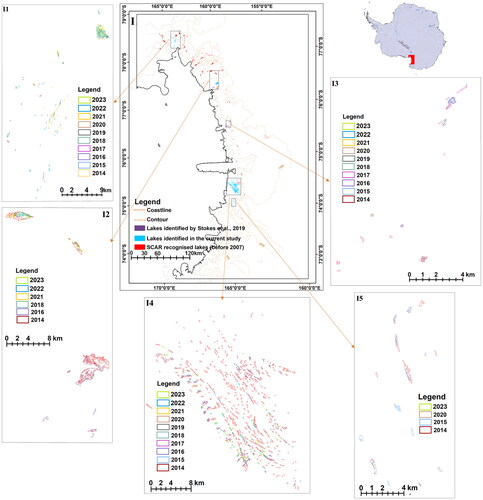 Figure 11. Distribution of melt lakes in the Transantarctic Mountains and at the margins of the Ross Ice Shelf (Region I). The distribution includes melt lakes detected in the past (as documented by SCAR) and in recent years.