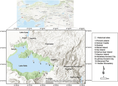 Figure 1. The geographical location of the study area and the historical sites.