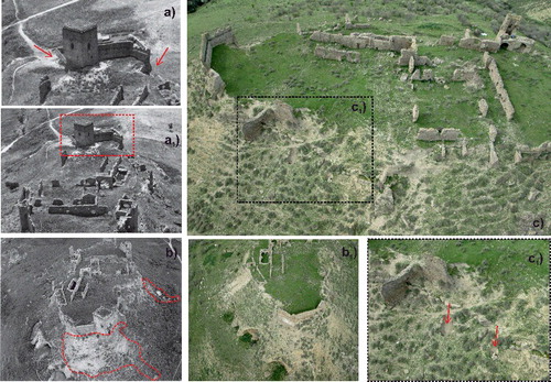 Figure 7. Temporal evolution of damages suffered by fortified archaeological site from 1964 (a) and 1966 (b) to 2013 (c). c1) inlet points of piping erosion phenomena affecting the study area.