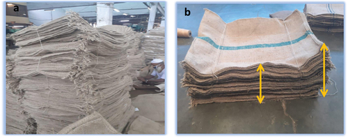 Figure 1. Bundle of sacks ready for shipping (a), edge height deviation due to bowing (b).