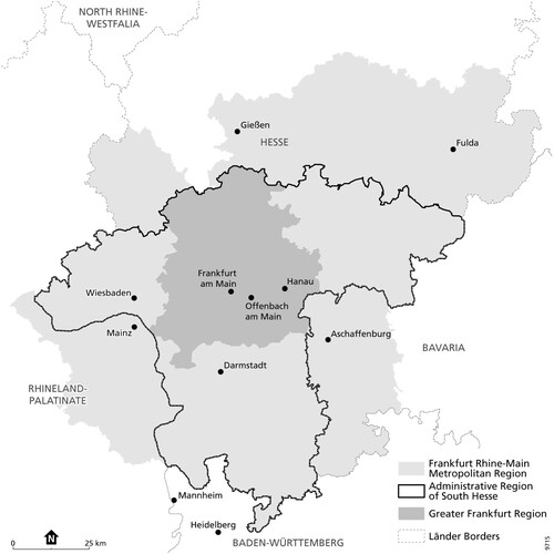 Figure 1. Frankfurt Rhine-Main Metropolitan Region and the Greater Frankfurt Region. Source: Regionalverband (Citation2018).