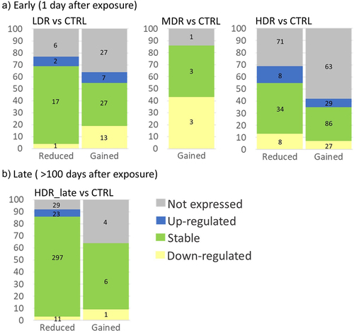 Figure 7. The association between the chromatin accessibility and the gene expression directions for each exposure group a) early (1 day after) and b) late (>100 d after). Each DAR corresponds to the nearest gene (DAGs), and the expression of these DAGs have been extracted using the RNA-Seq data [Citation36]. The DAGs expression level is categorised as “not expressed” (not detected mRNA), “up-regulated” when log2(FoldChange)>0.3, “stable” when −0.3≤log2(FoldChange)≤ 0.3) and “down-regulated” when Log2(FoldChange)<-0.3). The mosaic plots represent the percentage of genes in each RNA expression category, and the numbers inside the bar show the number of genes in each category. The mosaic plot for LDR_late is missing as no DARs were identified. .