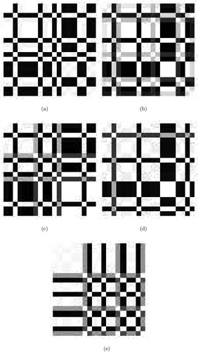 Figure 8. Fuzzy recurrence plots of time series of 19 different moods recorded in the middle of each of the 5 experimental phases. (a) Phase-1 moods; (b) Phase-2 moods; (c) Phase-3 moods; (d) Phase-4 moods; (e) Phase-5 moods.