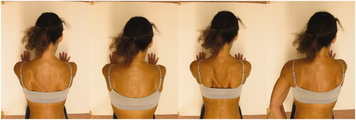 Figure 5. Photograph of the scapular abduction–adduction in four point kneeling. Illustrating the starting position and the repeated scapular abduction–adduction followed by a 5 s isometric contraction in the end position.