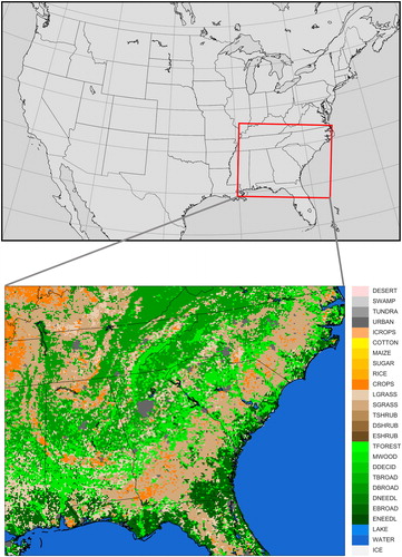 Fig. 7. Computational domain consisting of the Southeastern domain (4 km horizontal resolution) nested within the CONUS domain (12 km horizontal resolution) used in the NOAA NWS National Air Quality Forecast Capability.