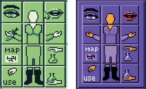 Figure 2. The Paper Doll inventory menu for Prince of Thieves, on Game Boy (left) and NES (right).