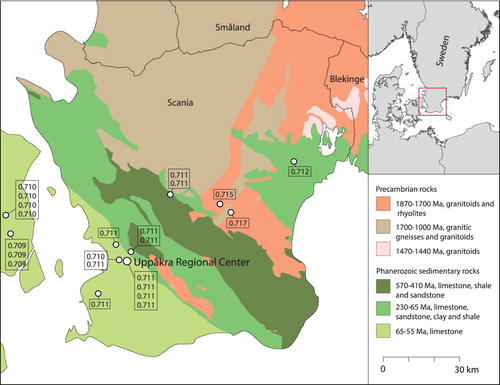 Figure 2. Bedrock map of Scania with sample locations of baseline Sr isotope ratios.