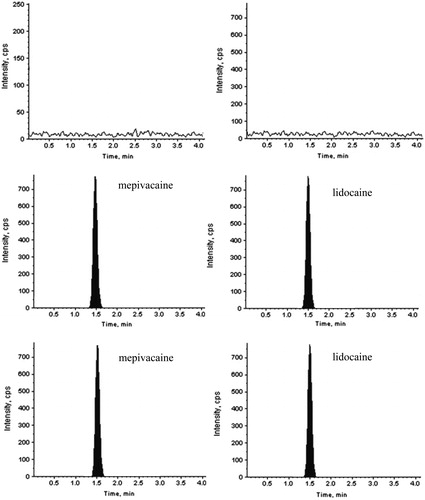 Figure 2. LC-MS/MS chromatograph of mepivacaine. Blank plasma (A), and blank plasma added to mepivacaine, internal standard (B) and sample (C).
