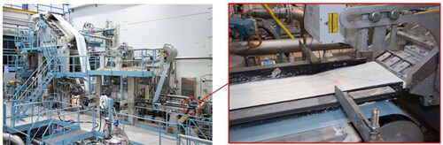 Figure 18. Pilot forming machine SUORA at VTT (Jyväskylä, Finland) that can be operated both in foam and water mode. For basic operating principles, see Ref. [Citation45]. The blowup shows the headbox region where wet foam is injected on a moving forming fabric.