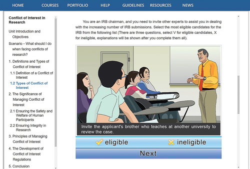Figure 1. Sample screen of the online course unit with interactive features. Permission obtained from Center for Taiwan Academic Research Ethics Education (Citation2024).
