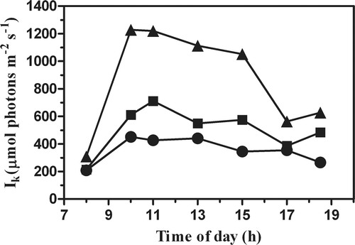 Fig. 4. Time course of the saturation irradiance, Ik, in P. tricornutum outdoor cultures, in an open pond and tubular photobioreactors (PBR) at different biomass concentrations(•, Pond 0.3 g l−1; ▪, PBR 0.6 g l−1; ▴, PBR 0.3 g l−1).