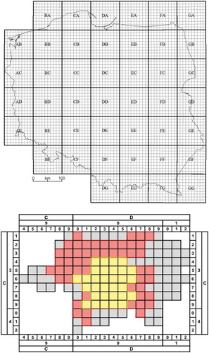 Figure 2. Ten kilometres of geobotanic ATPOL grid, and 1-km grid of the city, divided into: yellow area – 1950s, red area – 1980s, black area – current town limits.